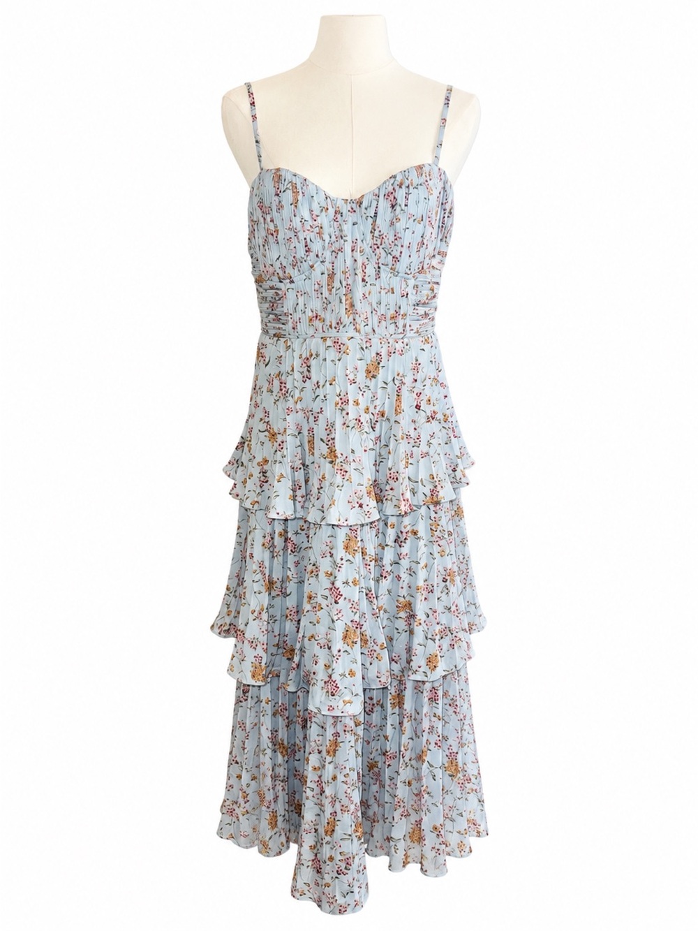 Lulu's Cascading Pale Blue Floral Print Tiered Bustier Midi Dress Size Medium
